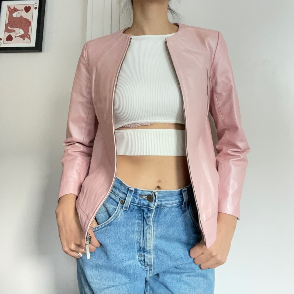 Vintage Dialogue Womens Leather Jacket. Baby pink metallic sheen in Size XS